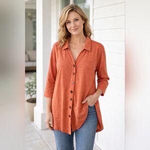 Soft Surroundings cotton orange collared shirt eclectic artsy craftcore LG